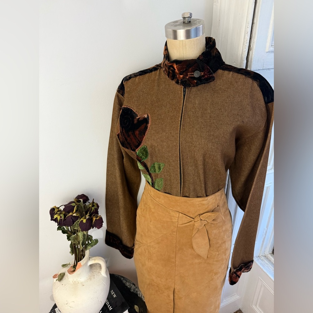 Vintage Raw Denim Brown Half Zip Jacket Velvet Trim Floral Appliqué handmade - Picture 7 of 13